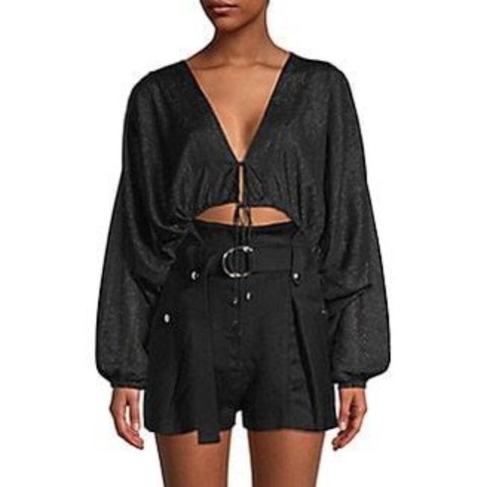NEW IRO Womens 44 (12) Drinera Puff-Sleeve Crop Top Shimmery Black Front Tie‎